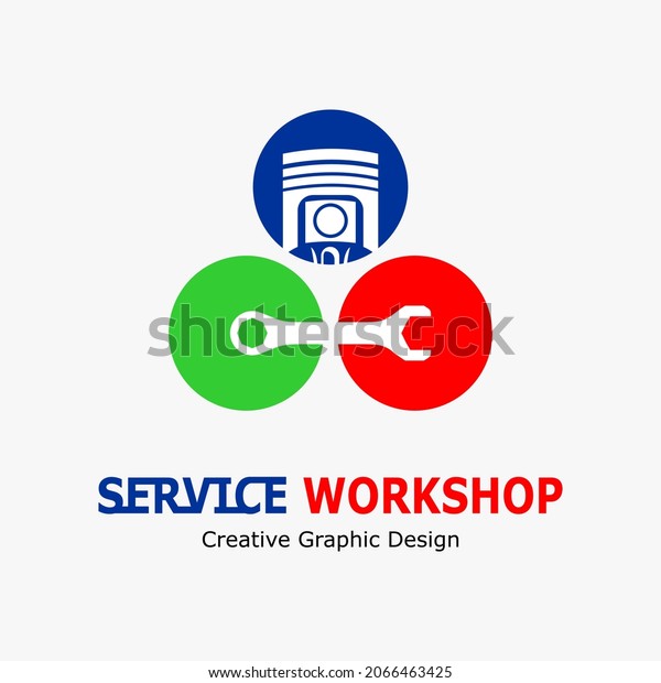 Vector illustration of advertising a repair\
service. Automotive and motorcycle workshop logo. wrench and piston\
icon in triangle point