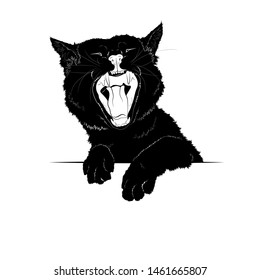 Vector illustration. Advertising space. Black silhouette of a cat yawning. EPS 8