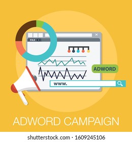 Vector illustration of advertising and strategy concept with "adword campaign" advertisement and social icon