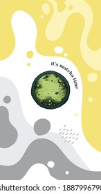 Vector illustration of advertising vertical banner with matcha tea mug top view. Abstract stains mockup for stories or cover