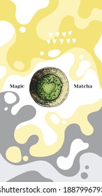 Vector illustration of an advertising vertical banner with matcha tea powder in a mug with a heart. Yellow and gray colors for packaging or stories
