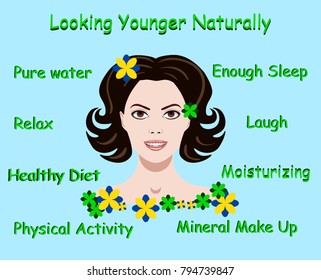 Vector illustration with advice how to stay young and a face of a girl