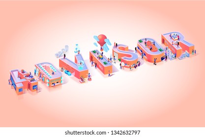 Vector Illustration Advissor on Pink Background. Small People in Middle Large Letters Advise Clients in Work Space. Blue Car is Parked to Building. Buildings and Offices in Form Letters.