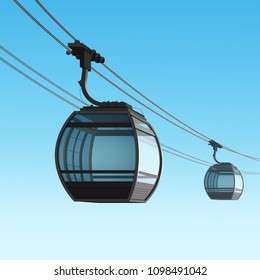 Vector illustration of aerial mountain lift cable ski cars with overview cabin. Isolated on sky background