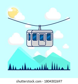 Vector illustration of aerial tramway, with clouds around, mountains and pines below, and a sun.