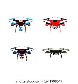 Vector illustration aerial vehicle (quadcopter). Air drone hovering. colorful pack modern drones collection