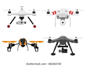 Vector illustration aerial vehicle (quadrocopter). Air drone hovering. Drone sketch Drone set