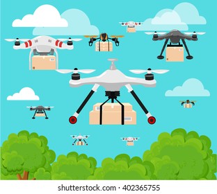 Vector illustration aerial vehicle (quadrocopter). Air drone hovering. Drone sketch post drone parcel