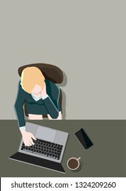 Vector illustration, the aerial view above smart woman sitting and working online with laptop, the coffee cup and smart phone on the table in international printing format of image size.