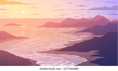 Vector illustration. Aerial view of bay and islands in ocean at sunset.
