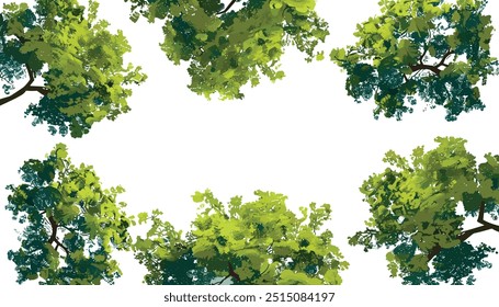 vector illustration Aerial view evergreen trees shapes collection, forest trees Rainforest environment, Texture of green trees forest