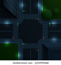 Vector illustration of aerial view of road with crossroad and traffic lights at night, city street concept with trees and buildings