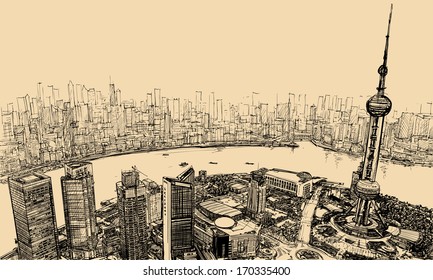 Vector illustration - aerial view of Shanghai above the river