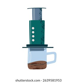Vector illustration of aeropress coffee brewing. Pour over style preparation, modern home coffee method, hot drink in glass cup icon, cartoon brewing scene, flat and cozy concept, colored clipart