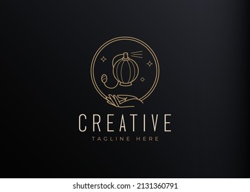 Ilustración vectorial de mano estética con perfume. Plantilla de diseño de líneas de arte con logotipo moderno