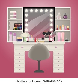 Vector illustration of aesthetic makeup vanity. Ideal dream organized cosmetics desk. Mirrors and colorful beauty products brushes lipstick creams. Cute pretty girly pink. Flat colors