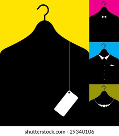 Vector illustration af coat-hanger with clothes silhouettes.