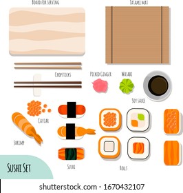 Ilustración vectorial de un shushi set, comida japonesa, rollos, caviar, salmón, pescado