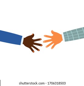 Vector illustration af two colorful hands reaching for each other on white background.