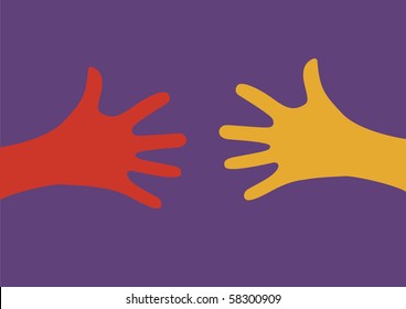 Vector illustration af two colorful hands reaching for each other on purple background.