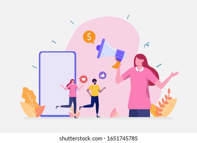 Vector Illustration, Affiliate Marketing Referral Concept, Showing people shouting in megaphone, Suitable for landing page, UI, web, App intro card, and others