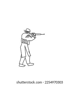 Vector illustration of an Afghan war man wearing traditional clothes and a long beard, holding several magazines full of bullets on his waist and aiming his weapon at the target.