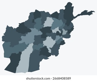 Mapa de Afganistán con regiones. Solo un simple mapa de la frontera del país con la división de la región. Paleta de colores gris azul. Forma de Afganistán en blanco con división administrativa. Ilustración vectorial.