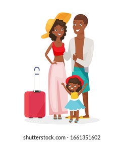 Vector illustration of afican american family on white background. Vacation, summertime, recreation, tropical country visiting. Parents and daughter, kid, couple, smiling people, family resting