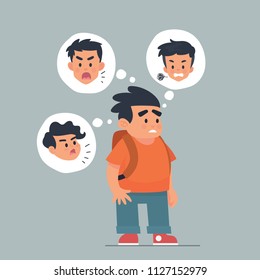 vector illustration an afraid boy remember his bullies friends, kid afraid go to school because his friends, depressed kid