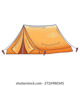 Vektorgrafik eines A-Rahmen-Zeltes mit offener Einstiegsklappe und Abspannseilen. Dieses Zelt eignet sich für Camping, Abenteuer. 
