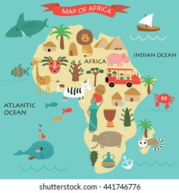 Vector illustration of Africa with its animals and national peculiarities