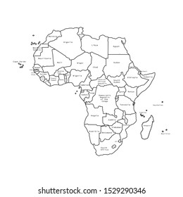 Vector illustration of Africa black outline map with countries. Vector map.