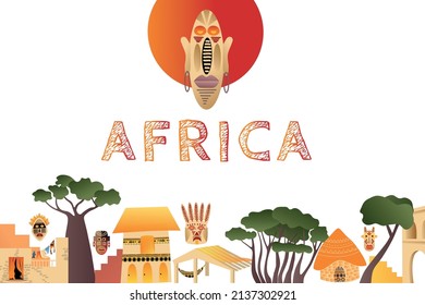 Vector illustration, Africa concept, trees and houses in the traditional style, the inscription Africa, poster, design elements 