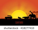 Vector illustration of Africa landscape with wildlife and sunset background. Safari theme