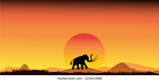 Vector illustration of Africa landscape with wildlife and sunset background. Safari theme,Silhouettes of wild African elephant sunset safari animals.
