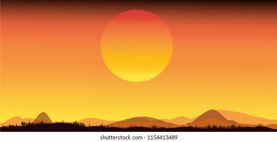 Vector illustration of Africa landscape with wildlife and sunset background. Safari theme,Silhouettes of wild African elephant sunset safari animals.
