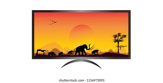 Vector illustration of Africa landscape with wildlife and sunset background on TV screen . Safari theme.
