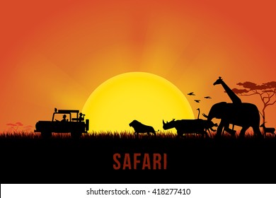 Vector illustration of Africa landscape with wildlife and sunset background. Safari theme