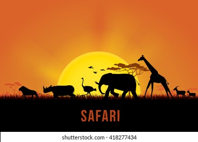 Imagen vectorial del paisaje africano con vida silvestre y fondo de puesta de sol. Tema Safari