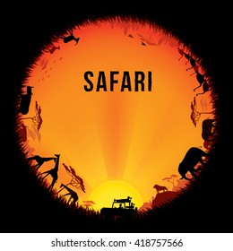 Vector illustration of Africa landscape with wildlife and sunset background. Safari theme