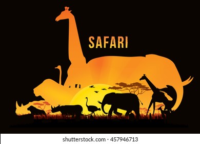 Vector illustration of Africa landscape with wildlife and sunset background. Safari theme