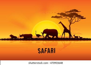 Ilustração vetorial da paisagem africana com vida selvagem e fundo do pôr do sol. Tema Safari