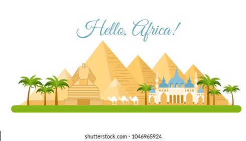 Vector illustration of Africa travel concept. Pyramid symbol of Egypt, background Hello Africa, Tourism and traveling concept in flat style.