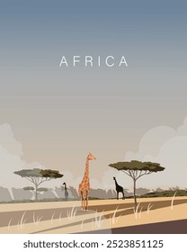 Ilustración vectorial. África, cartel de viaje, Anuncio, postal, cubierta. Diseño del paquete. Diseño moderno. Turismo.