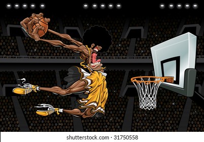 Vector illustration of an African American basketball player about .5 seconds away from destroying a basketball goal by way of a monstrous slam dunk in a crowd filled arena with flashbulbs popping.