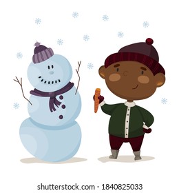 vector illustration of an african american boy sculpts a snowman. family outdoor activities during winter holidays