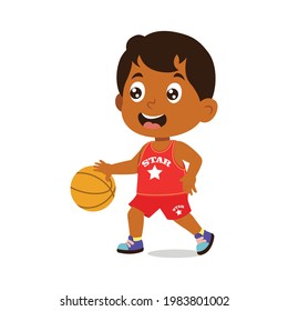 vector illustration of African american boy with happy face wearing red jersey playing with basket ball