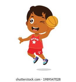 vector illustration of African american boy with happy face wearing red jersey playing with basket ball