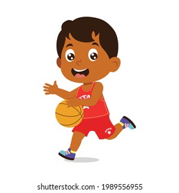 vector illustration of African american boy with happy face wearing red jersey playing with basket ball