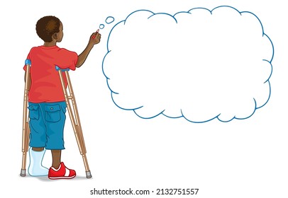 Vector illustration of african american boy with left leg fracture struggles to write on wall with two crutches,blank white speech bubble,isolated on white,Imagination of smart and mischievous child.